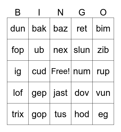 Nonsense words cvc and consonant blends Bingo Card