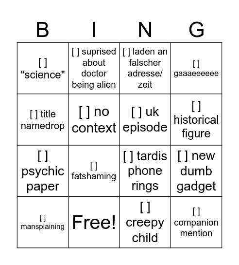 Dr Who Bingo Card