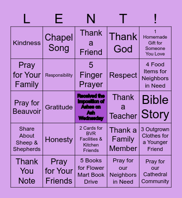 Beauvoir's 2026 Lenten BINGO Card