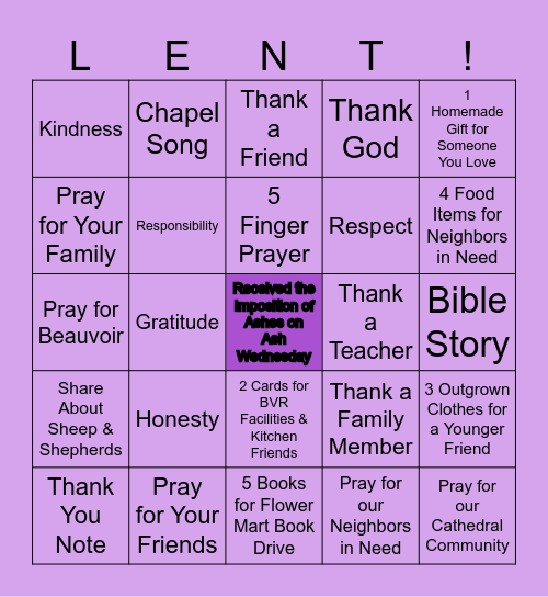 Beauvoir's 2026 Lenten BINGO Card