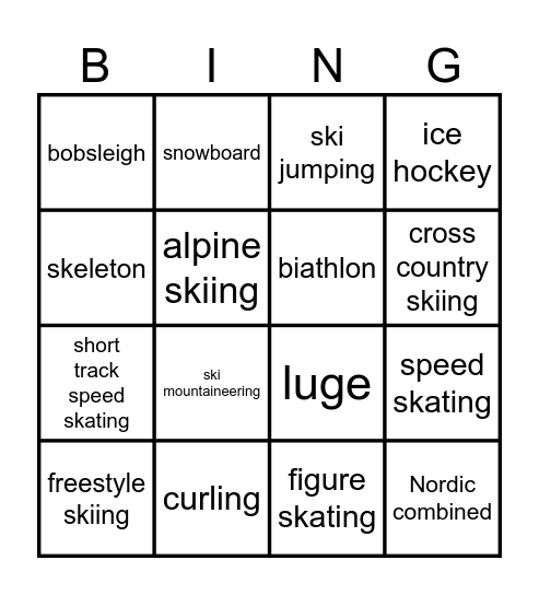 Winter Olympics Bingo Card