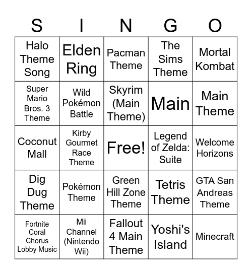 SINGO! Video Games Edition Bingo Card