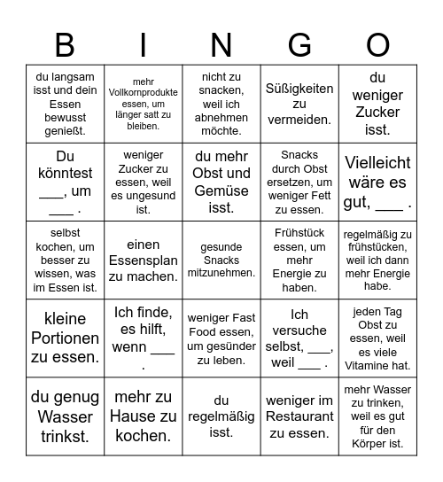 gesundes Essen Bingo Card