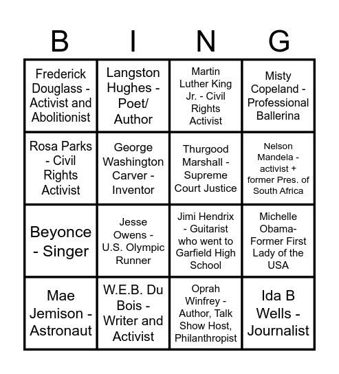 Black Historical/Notable Figures Bingo Card