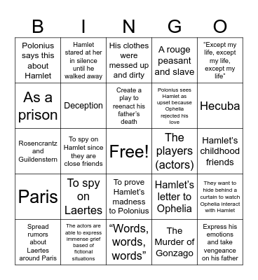 Hamlet Act II Bingo Card