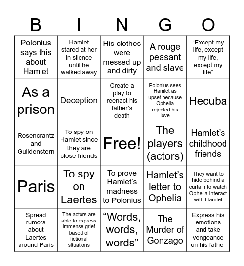 Hamlet Act II Bingo Card