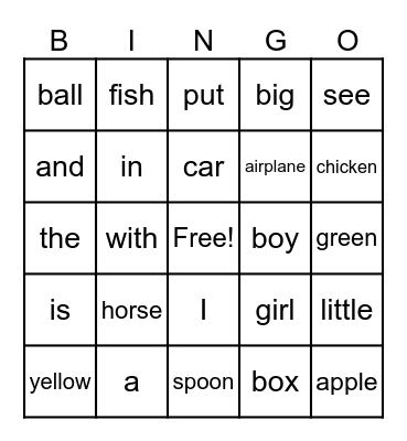 Sight Words Bingo Card
