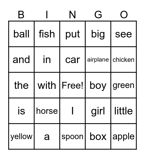 Sight Words Bingo Card
