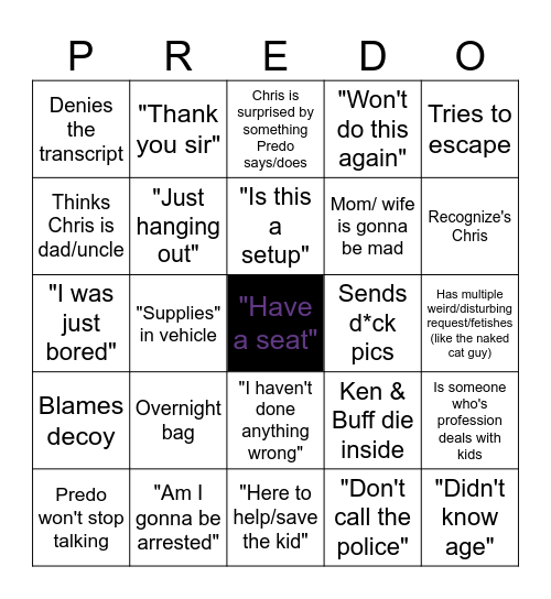 To Catch A Predator Bingo Card