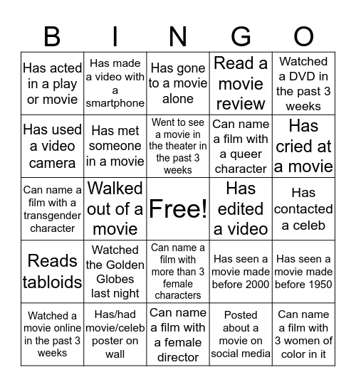 Feminist Film Bingo Card