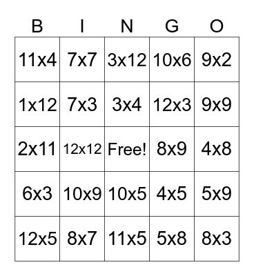Multiplication Bingo Card
