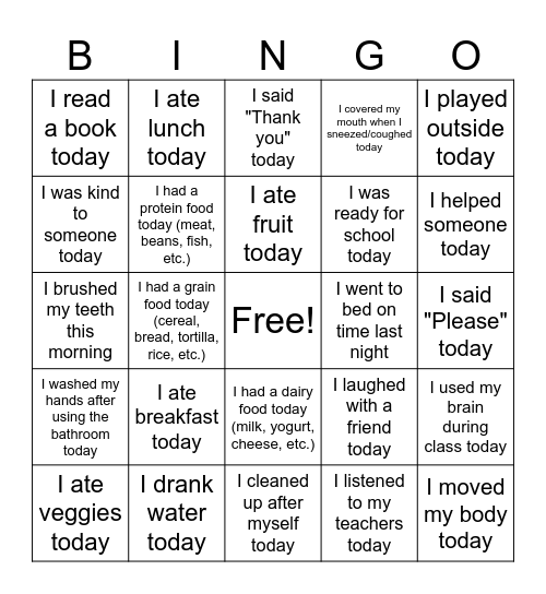 Healthy Choices Bingo Card