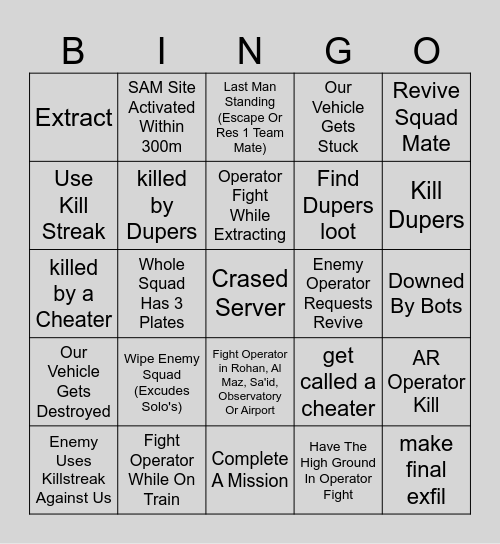 DMZ Bingo Card