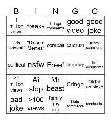 yt shorts bingo Card