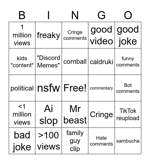 yt shorts bingo Card