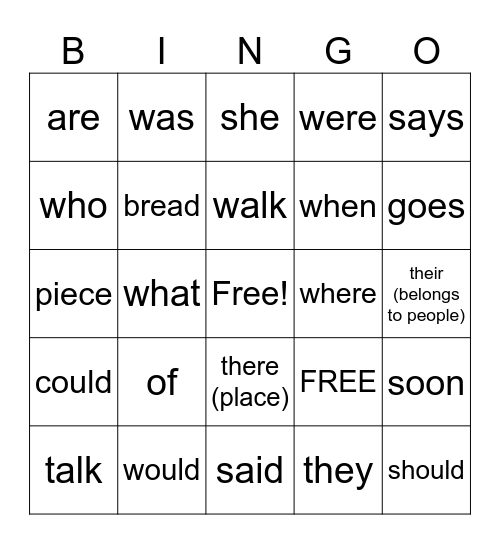 Heart words Bingo Card