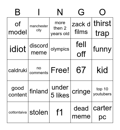 youtube bingo Card