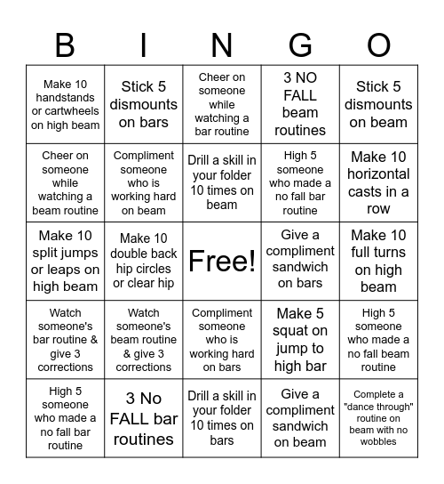 Xcel Gold Bingo Card