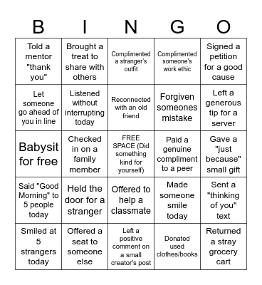 Acts of Kindness Bingo Card