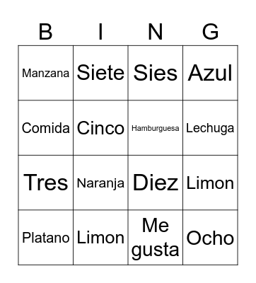 Spanish 101 Bingo Card