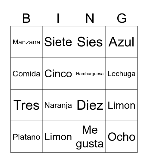 Spanish 101 Bingo Card