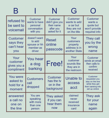 Customer Service Bingo Card
