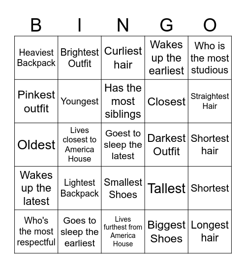 Superlatives Bingo Card