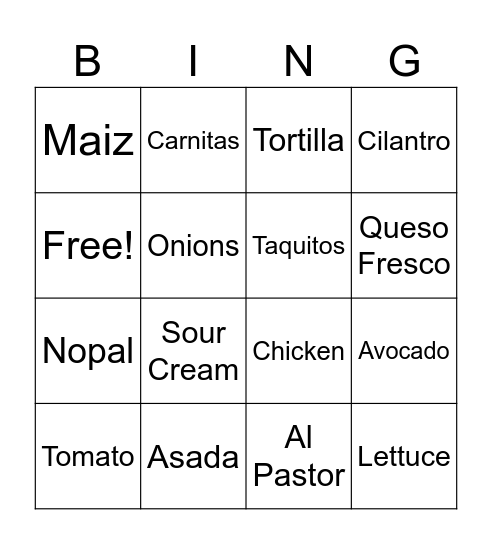 Mi Taco Bingo Card