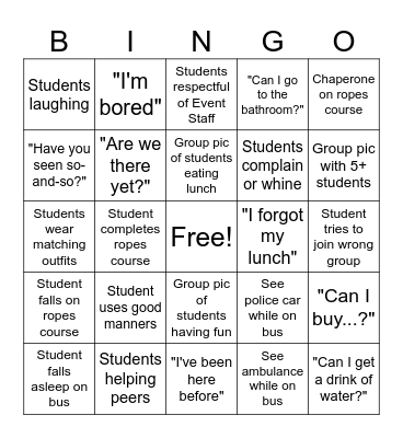 Fritz's Adventure Field Trip Bingo Card