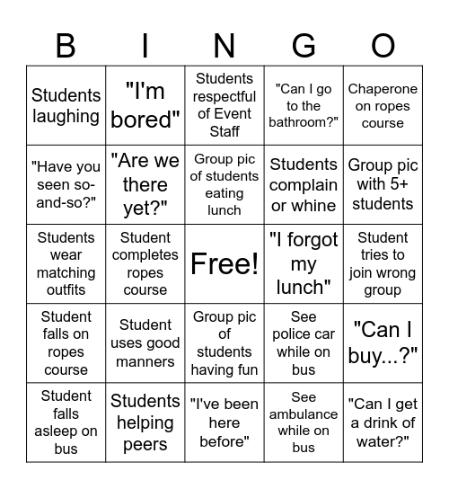 Fritz's Adventure Field Trip Bingo Card