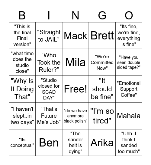 Studio Vibes Bingo Card