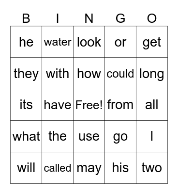 Sight Words Bingo Card
