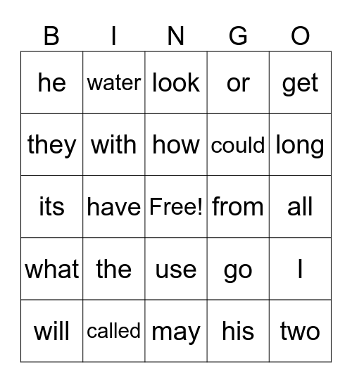 Sight Words Bingo Card