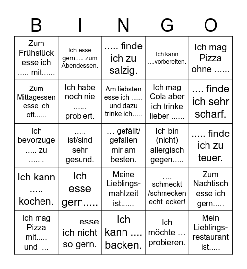 Gern oder nicht gern - Essen Bingo Card
