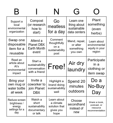 PlanetDBX Earth Month Bingo Card