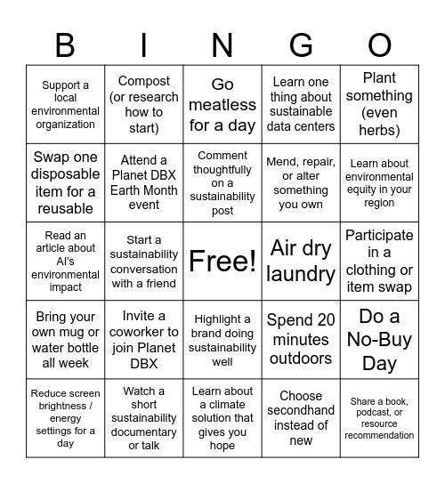 PlanetDBX Earth Month Bingo Card