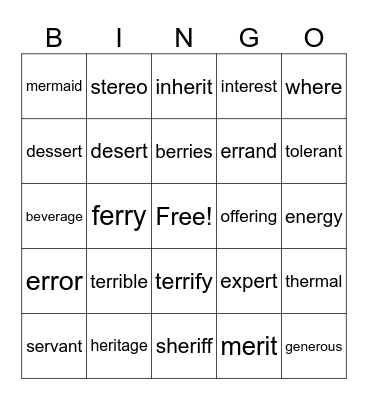 2 Sounds of er Bingo Card