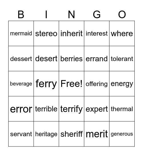 2 Sounds of er Bingo Card
