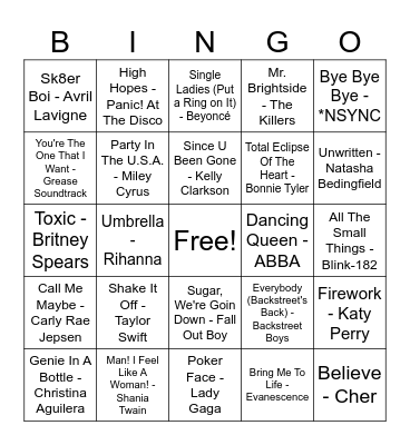Guilty Pleasure Songs Bingo Card