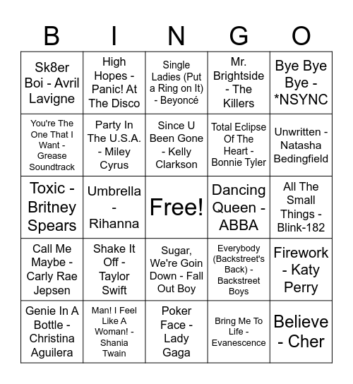 Guilty Pleasure Songs Bingo Card