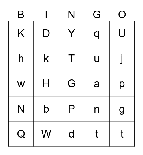 Letters Mixed Case Gp 2 Bingo Card