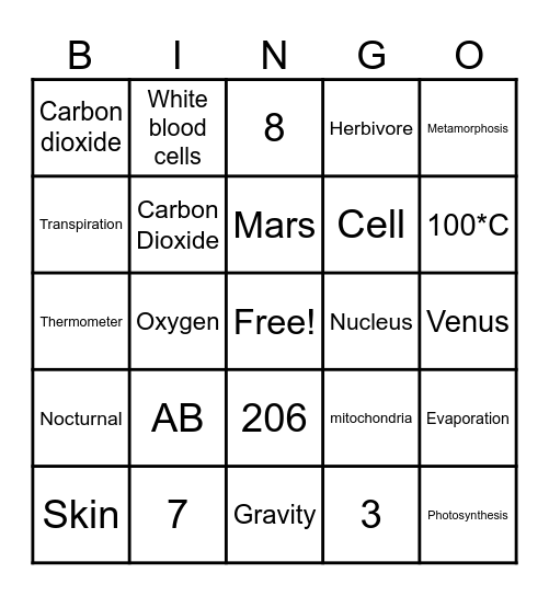 4th Grade Science Bingo Card