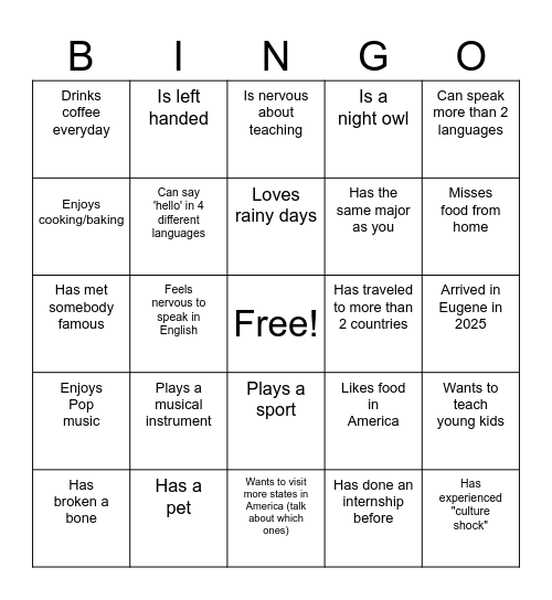 Get to know each other! Bingo Card