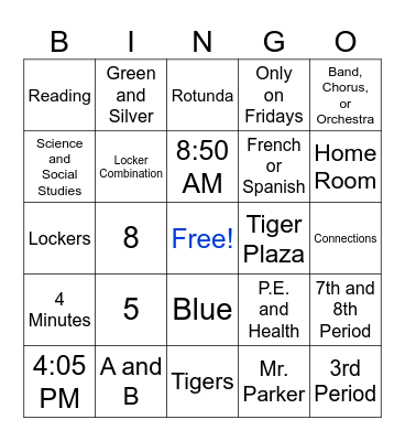 Middle School Bingo Card