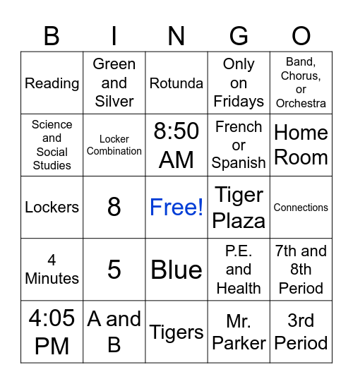 Middle School Bingo Card