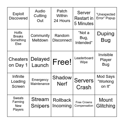 Project Crown Bingo Card