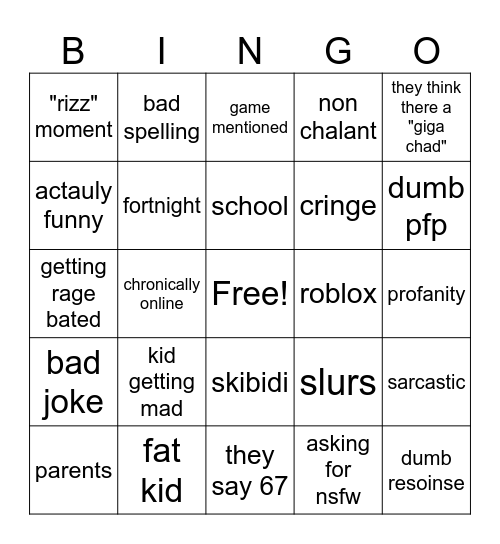 stupid gen alpha kid Bingo Card