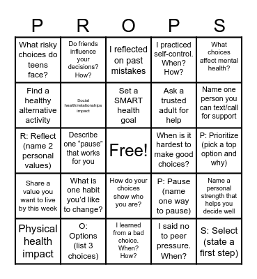 Decision- Making for Health Bingo Card