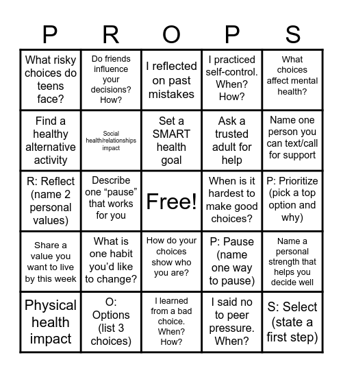 Decision- Making for Health Bingo Card