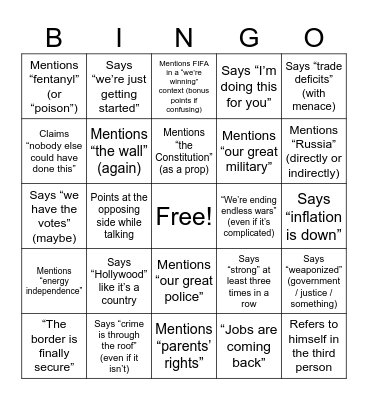President Trump State of the Union 2026 BINGO Card